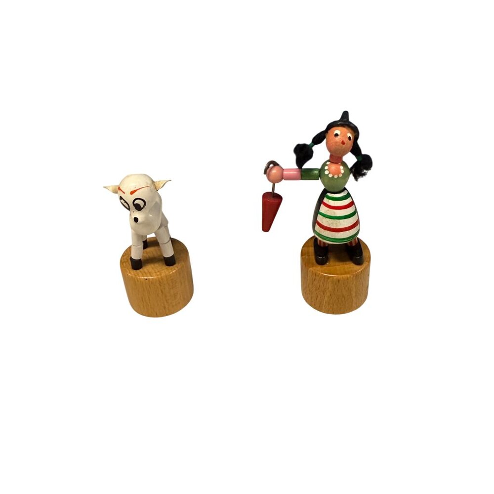 Vintage Wooden Push Puppets - Sheep & Girl Figurines Made in Italy